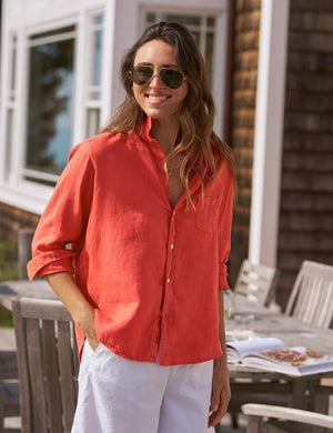 The FRANK & EILEEN EILEEN Relaxed Button Up Shirt in Washed Linen Summer Red features long sleeves, a chest pocket, and rolled-up cuffs, shown against a white background.