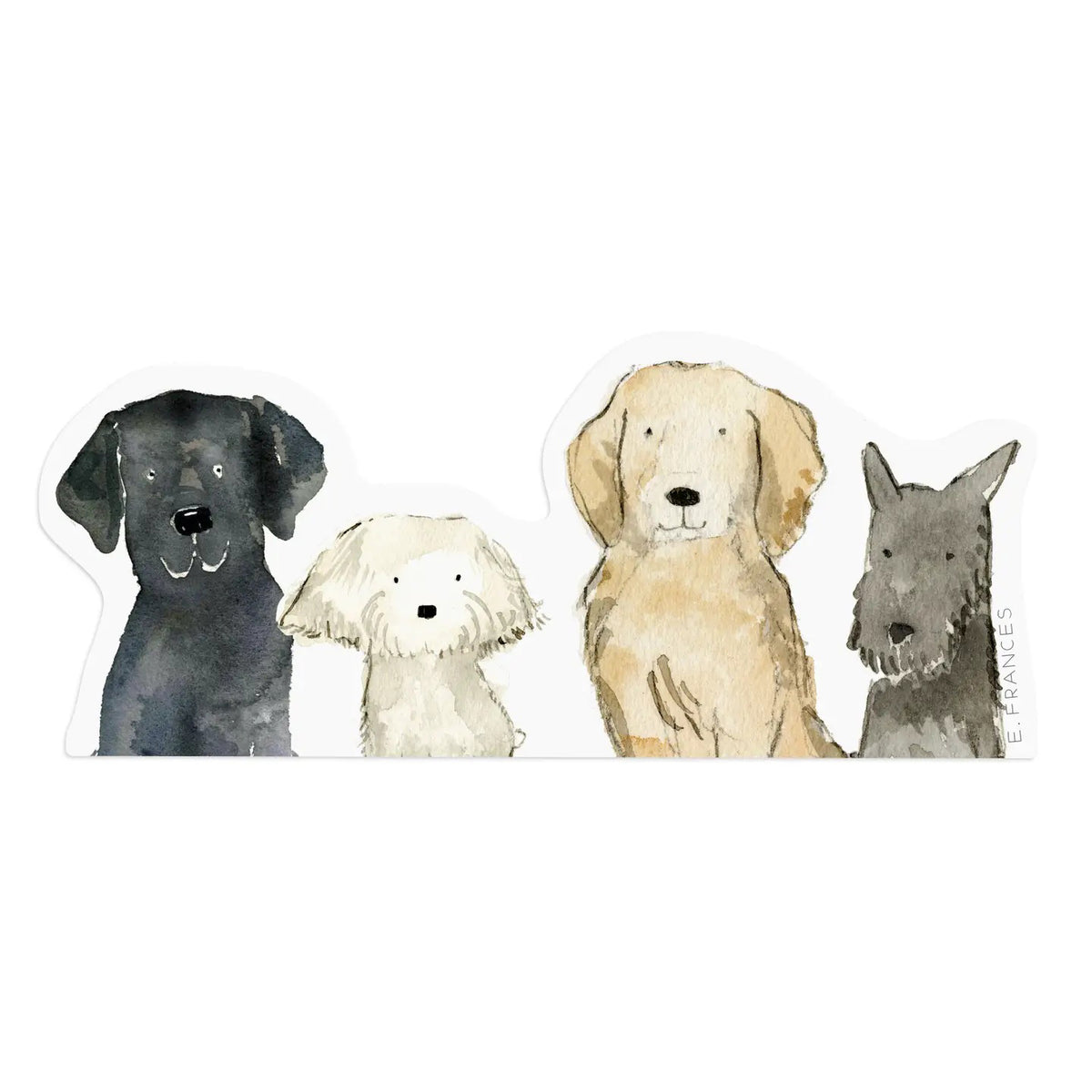 The E. FRANCES - DOG DAYS STICKER by E. FRANCES PAPER features four dogs (black, white, light brown, and gray) in a simple watercolor style—perfect for pet owner gifts, dog stickers, or decorating water bottles.