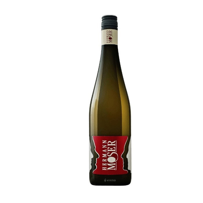 The tall, slender bottle of Hermann Moser 'Gebling' Riesling 2023 by Wine: Orsini has a dark green hue with a red and white label featuring "Hermann Moser" in bold white letters. Known for stone fruit flavors, it is topped with a stylish black and tan cap against a plain white background.