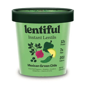 A container of LENTIFUL - MEXICAN GREEN CHILE INSTANT LENTILS is surrounded by fresh ingredients including green bell peppers, jalapeños, limes, cilantro, garlic cloves, onion slices, and green peas—all arranged on a vibrant green background.