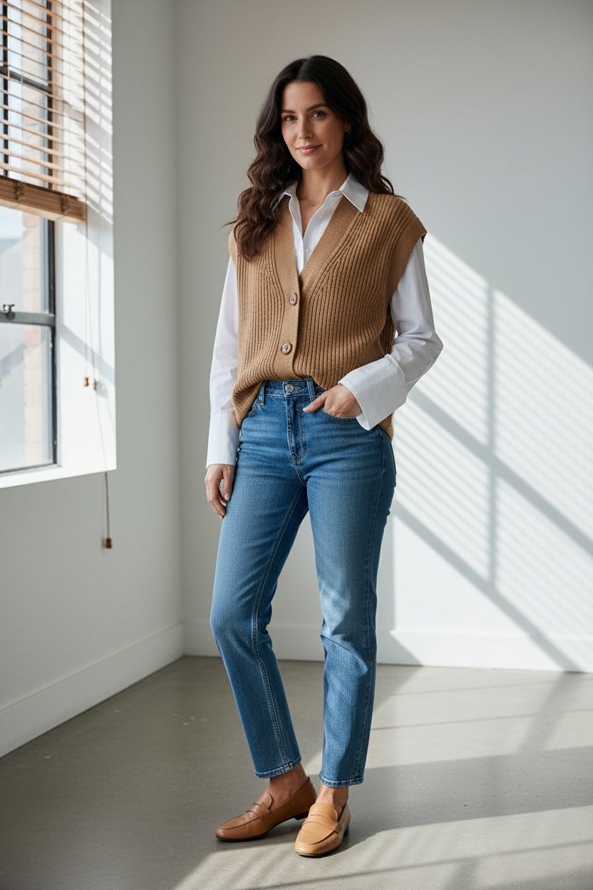 A woman wears the KINROSS CASHMERE Rib Button Knit Vest over a white shirt and blue jeans, standing with one hand in her pocket against a plain white background.
