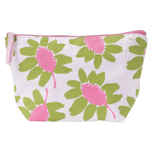 The ROCKFLOWERPAPER - CALLIE LIME POUCH is a small zippered cotton canvas pouch with a white background and a green leaf and pink flower pattern—ideal for organizing your essentials.
