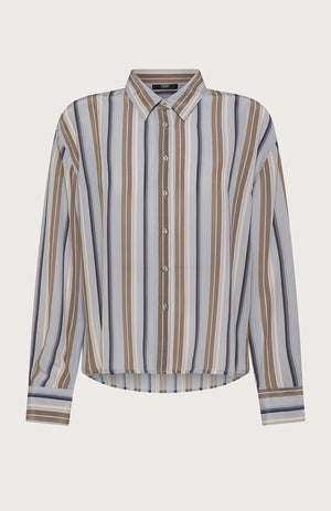 The SEVENTY VENEZIA Stripe Blouse by SEVENTY is an Italian-made viscose shirt with long sleeves, a classic collar, and vertical stripes in white, beige, brown, and gray. Its slightly loose fit provides effortless style.