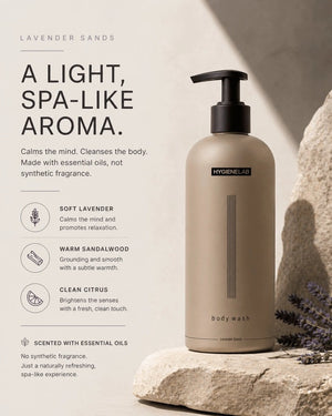 A skincare ingredients chart highlights the benefits of hyaluronic acid, glycerin, panthenol, and aloe vera, alongside images of glass containers, a dropper, and aloe leaves set against a dark background. The text emphasizes cleansing and hydrating the skin—making HYGIENELAB - BODY WASH, LAVENDER SANDS by HYGIENELAB an ideal choice for anyone seeking a nourishing natural body wash or a hydrating body wash to enhance their daily routine.
