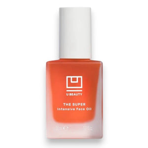 A rectangular bottle of U BEAUTY THE SUPER INTENSIVE FACE OIL 30ML with a white cap and orange gradient glass is shown against a white background—formulated to support the moisture barrier for lasting hydration.