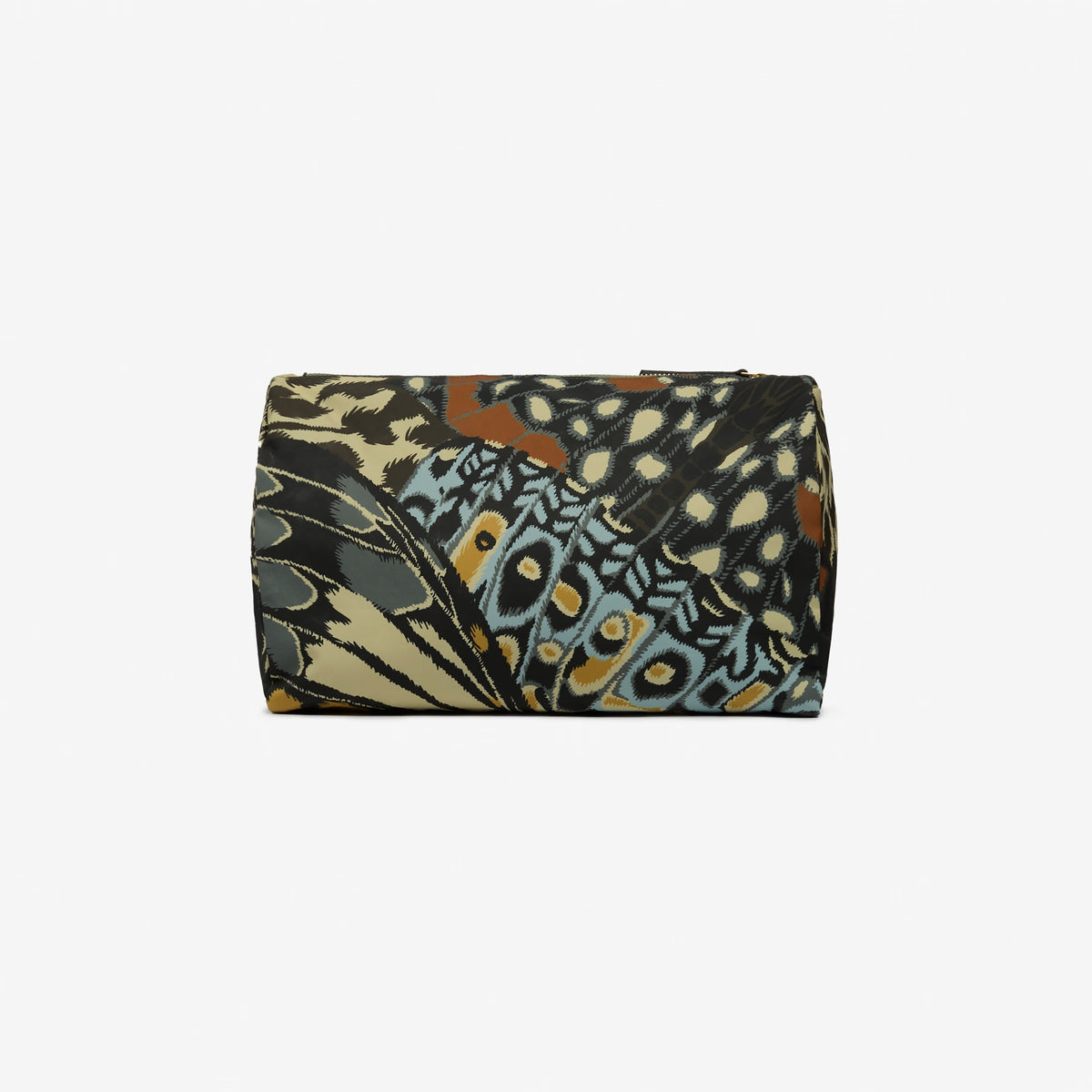 The INOUI EDITIONS PAPILLON Nylon Cosmetic Case by INOUI is a lightweight zippered pouch made from recycled polyester, showcasing a vibrant geometric pattern and bold butterfly motif, displayed on a plain white background.