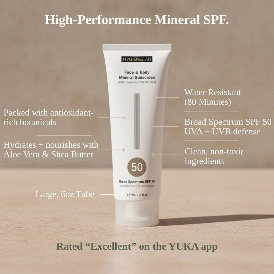 HYGIENELAB - FACE &amp; BODY MINERAL SUNSCREEN, in a white tube, offers broad-spectrum SPF 50 sun protection with 80 minutes of water resistance. Enhanced with soothing aloe vera and nourishing shea butter, this zinc oxide sunscreen comes in a generous 177 mL (6 fl oz) size.