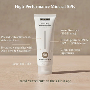 HYGIENELAB - FACE & BODY MINERAL SUNSCREEN, in a white tube, offers broad-spectrum SPF 50 sun protection with 80 minutes of water resistance. Enhanced with soothing aloe vera and nourishing shea butter, this zinc oxide sunscreen comes in a generous 177 mL (6 fl oz) size.