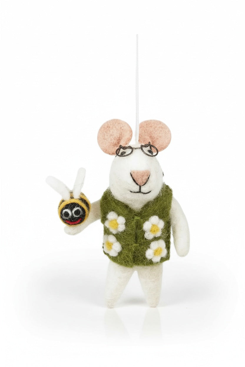 ISAAC THE MOUSE WITH BEE ORNAMENT is a sustainable felt mouse wearing glasses and a green vest with white flowers, holding a small felt bee as a charming Springtime mascot.