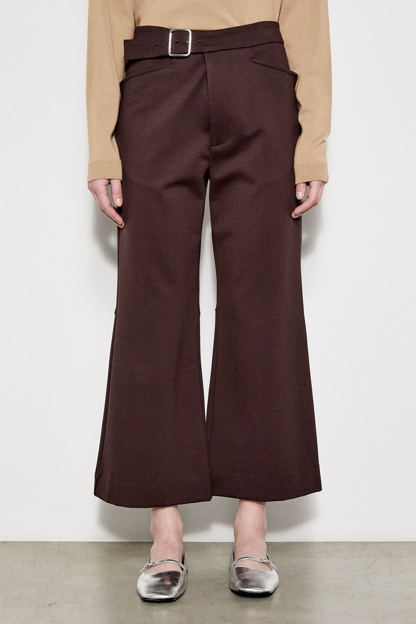 A pair of MEIMEIJ - CROP PONTE PANT WITH BELT in solid black, evoking the same elegance and impeccable craftsmanship characteristic of fine tailoring made in Italy.