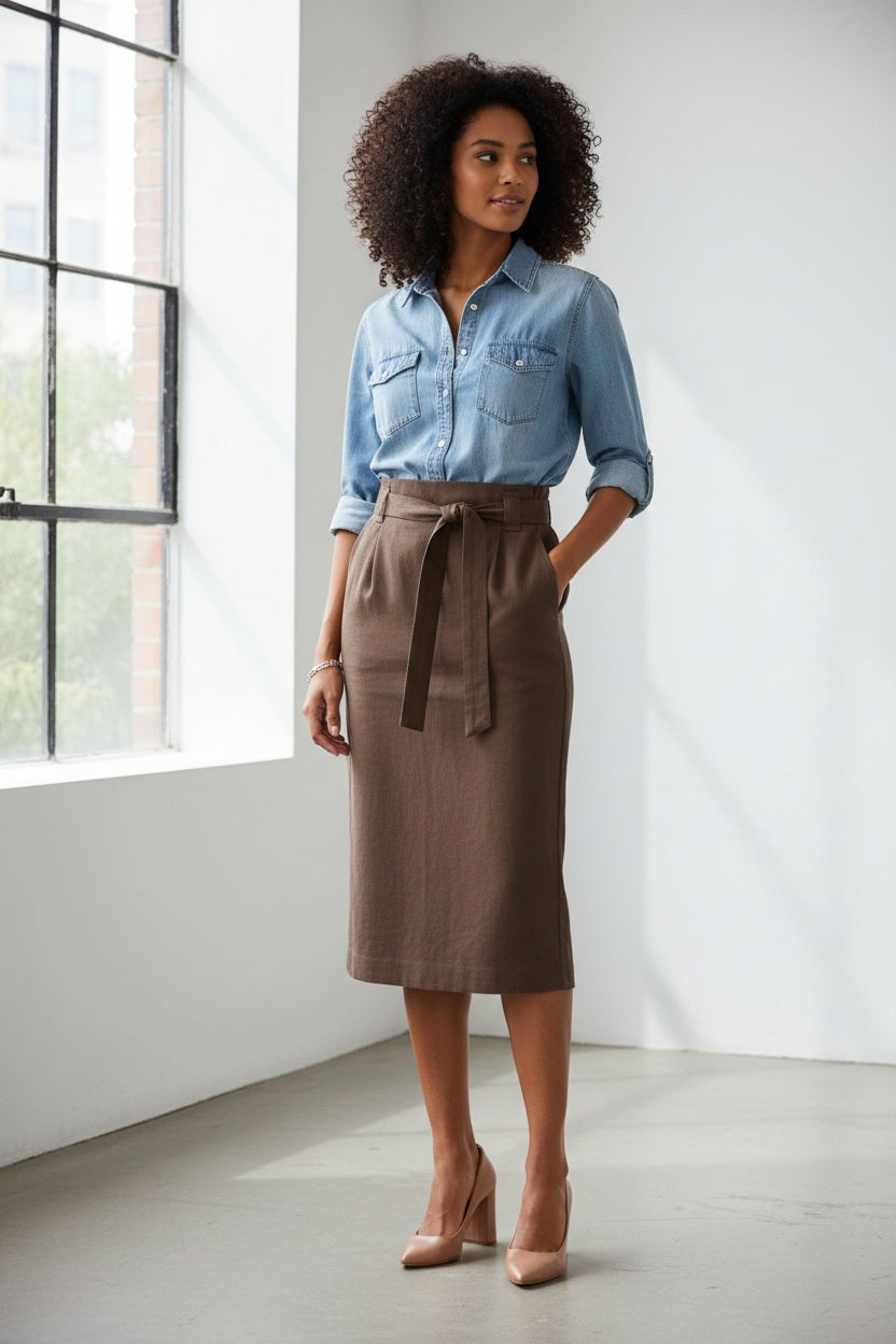 The SEVENTY VENEZIA skirt, a brown high-waisted midi-length with a pencil silhouette, features a matching fabric belt tied at the waist. This piece showcases Italian craftsmanship and is displayed on a white background.