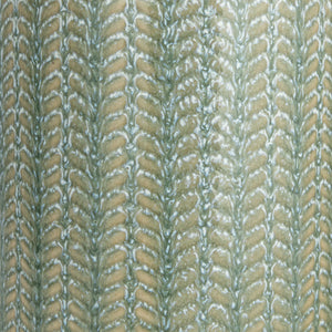 Close-up of the GRAY EMBOSSED STONEWARE VASE, SMALL by CREATIVE COOP reveals a repeating, symmetrical pattern resembling interwoven green and beige threads—much like knitted fabric or stylized leaf motifs.
