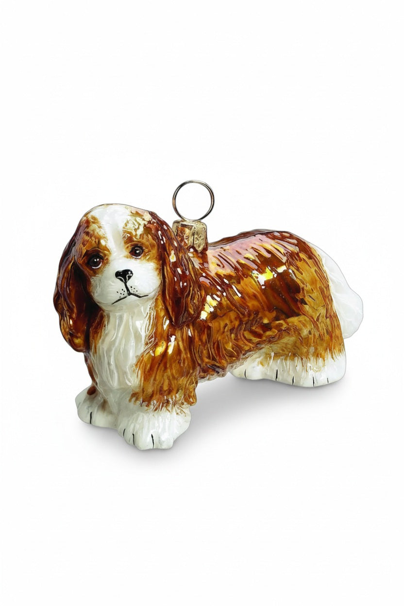 Handmade glass CAVALIER KING CHARLES SPANIEL BLENHEIM ORNAMENT shaped like a white and tan spaniel.