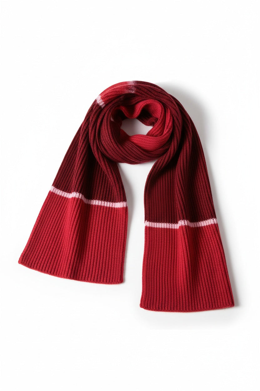 A woman wearing a red sweater and the MERSEA Montauk Colorblock Scarf in Raspberry, paired with a red pom-pom beanie, stands against a white background.