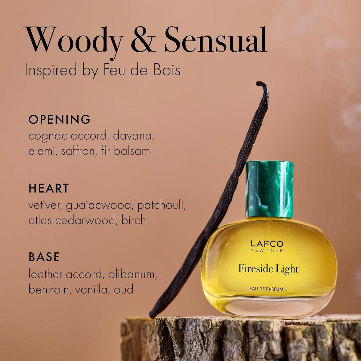A round glass bottle of LAFCO Fine Fragrance, Fireside Light 50ml, a vegan perfume with a long-lasting scent, contains yellow liquid and is topped with a marbled green cap, displayed against a plain white background.