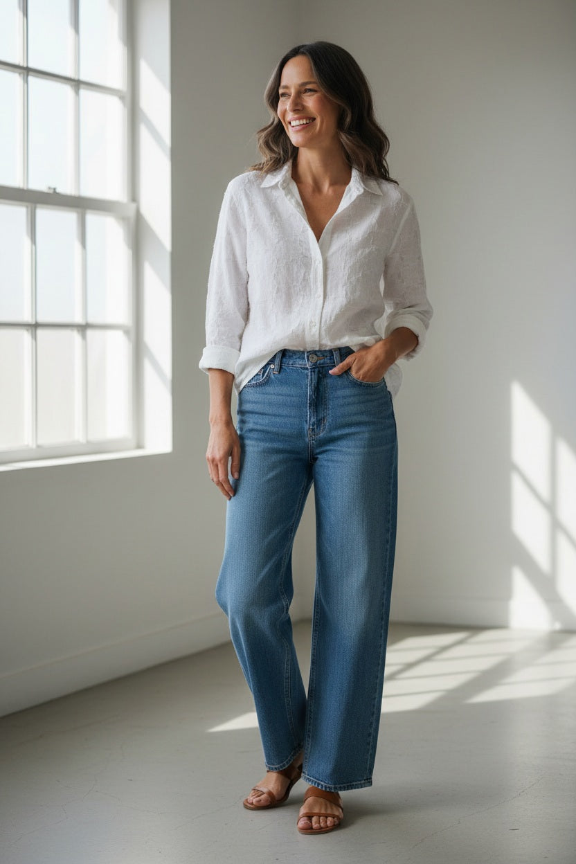 Introducing the FRANK &amp; EILEEN - EILEEN Relaxed Button Up in Italian Cotton Textured Natural Flowers: a long-sleeve, button-up white shirt with a subtle floral texture, rolled cuffs, and a pointed collar. Designed for a relaxed fit, this shirt is crafted from premium Italian cotton and features thoughtfully placed buttons to flatter the bust for an effortlessly stylish silhouette. The signature label inside reads “FRANK &amp; EILEEN EST 1947.”.