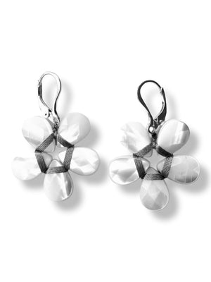 The ANN LIGHTFOOT - MOTHER OF PEARL FLOWER EARRING by ANN LIGHTFOOT features lever-back hooks and a five-petal flower design with a textured, sterling silver surface.