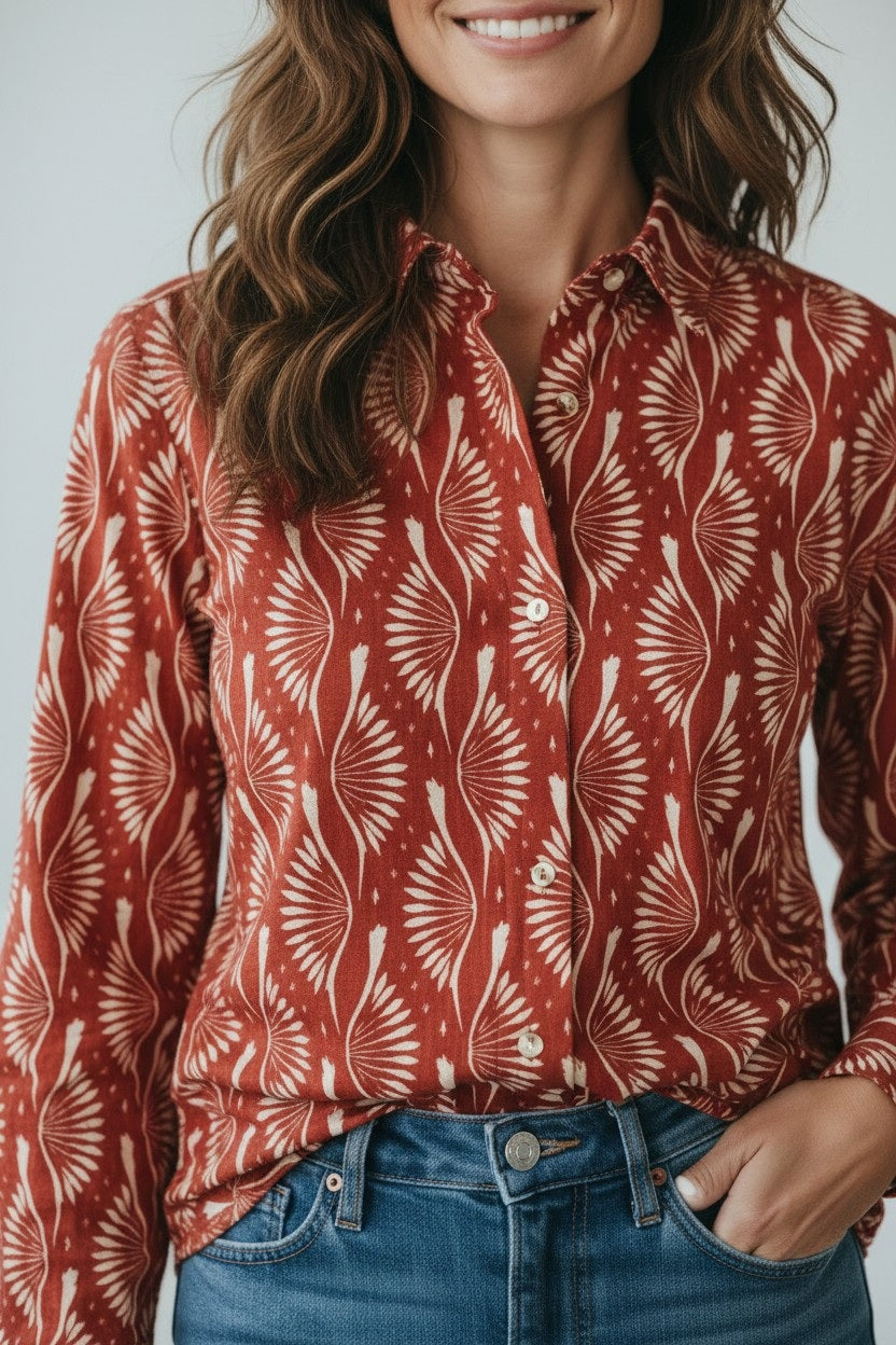 A woman with wavy brown hair smiles as she poses with one hand in her pocket, wearing the Hartford Cinema Shirt in Red Peacock Print—a loose-fitting, 100% cotton shirt featuring a vibrant red hue with a white peacock pattern—paired stylishly with blue jeans.