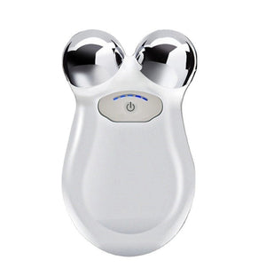 A white, handheld MICROCURRENT FACIAL TONING DEVICE by ETERUS features two metal spheres. Promoted benefits: wrinkle reduction, contour lifting, portability, and versatility. Design includes icons and green circles for a youthful look.
