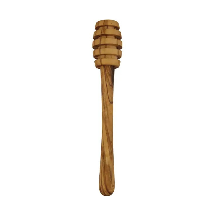 The BE HOME - OLIVE WOOD HONEY DIP by BE HOME, INC is a handcrafted Tunisian olive wood honey dipper with a grooved head and smooth handle, displayed against a plain white background.