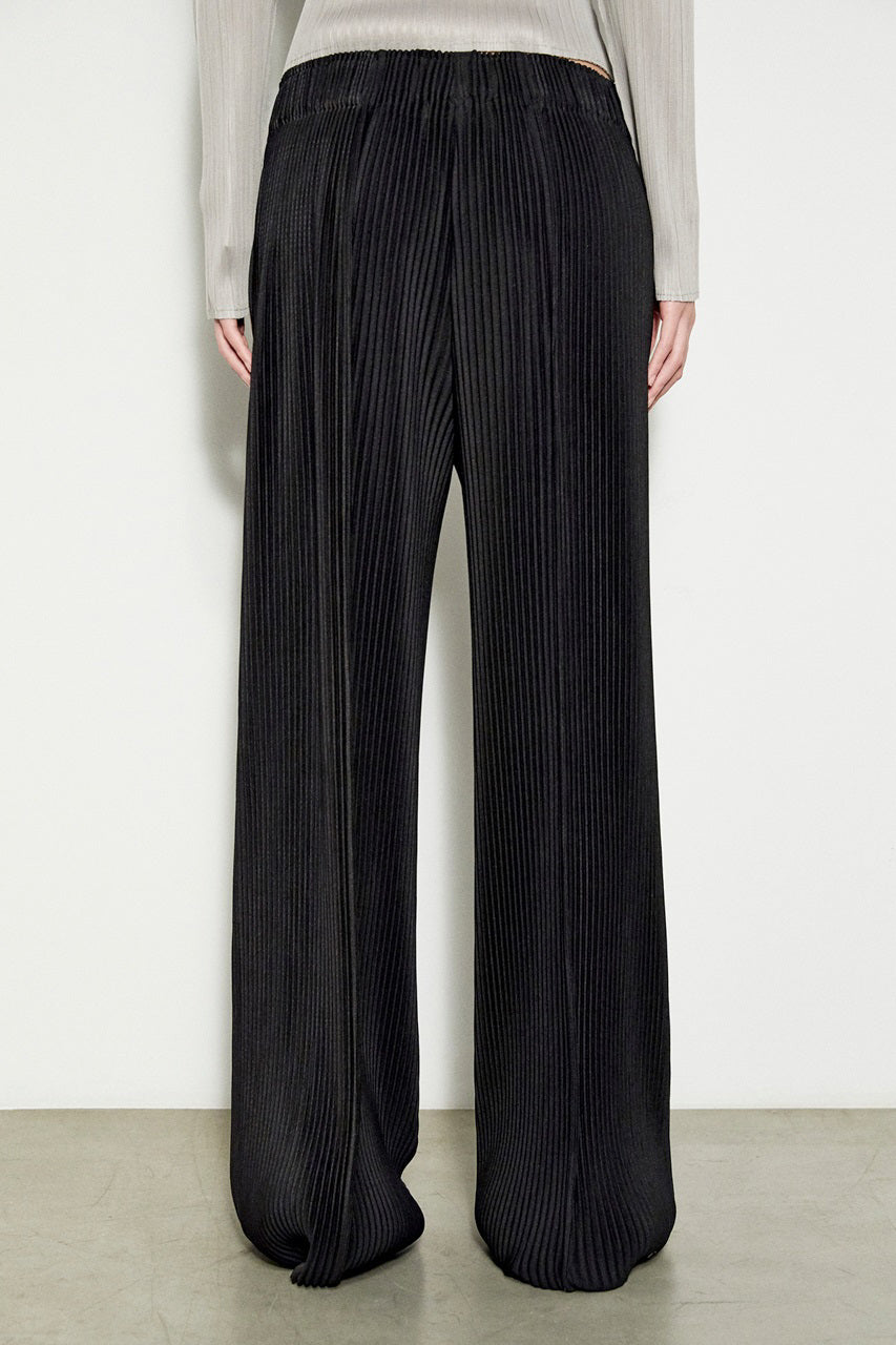 Side view of a person wearing the MEIMEIJ Long Pleated Pant in black, highlighting the elegant texture of pleated fabric. The pants are paired with a light gray, long-sleeved top, and the ensemble&#39;s draping is well highlighted against a plain background and light-colored floor.