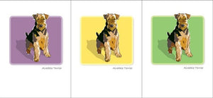 The "PAPER RUSSELS - AIREDALE TERRIER NOTE CARDS" by PAPER RUSSELLS feature an illustration of an Airedale Terrier centered on a lavender background within a white border. Printed using renewable green electricity, the drawing depicts the dog sitting with a black and tan coat. "Airedale Terrier" is written below the illustration, which is framed in a black border.