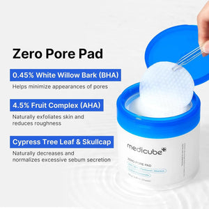 The image depicts two containers of MEDICUBE - ZERO PORE PAD by ASIAN BEAUTY WHOLESALE. One container is closed showing the label, while the other is open, displaying white textured pads designed to minimize pores, exfoliate skin, and control sebum production effectively.