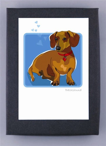 The PAPER RUSSELS - DACHSHUND NOTECARDS by PAPER RUSSELLS feature a brown dachshund with a red collar on a heart-adorned blue background, printed on recycled paper. "Dachshund" is at the bottom, with a dark gray frame, made in USA.