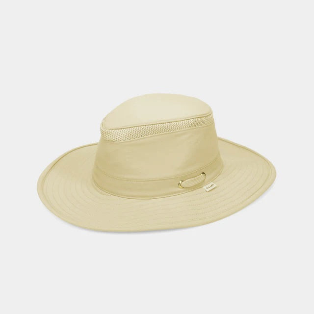 The TILLEY AIRFLO Broad Brim Hat LTM6 in Khaki Olive features mesh ventilation around the crown for outdoor use. Shown on a plain light background, this wide-brimmed sun protection hat is crafted by TILLEY.
