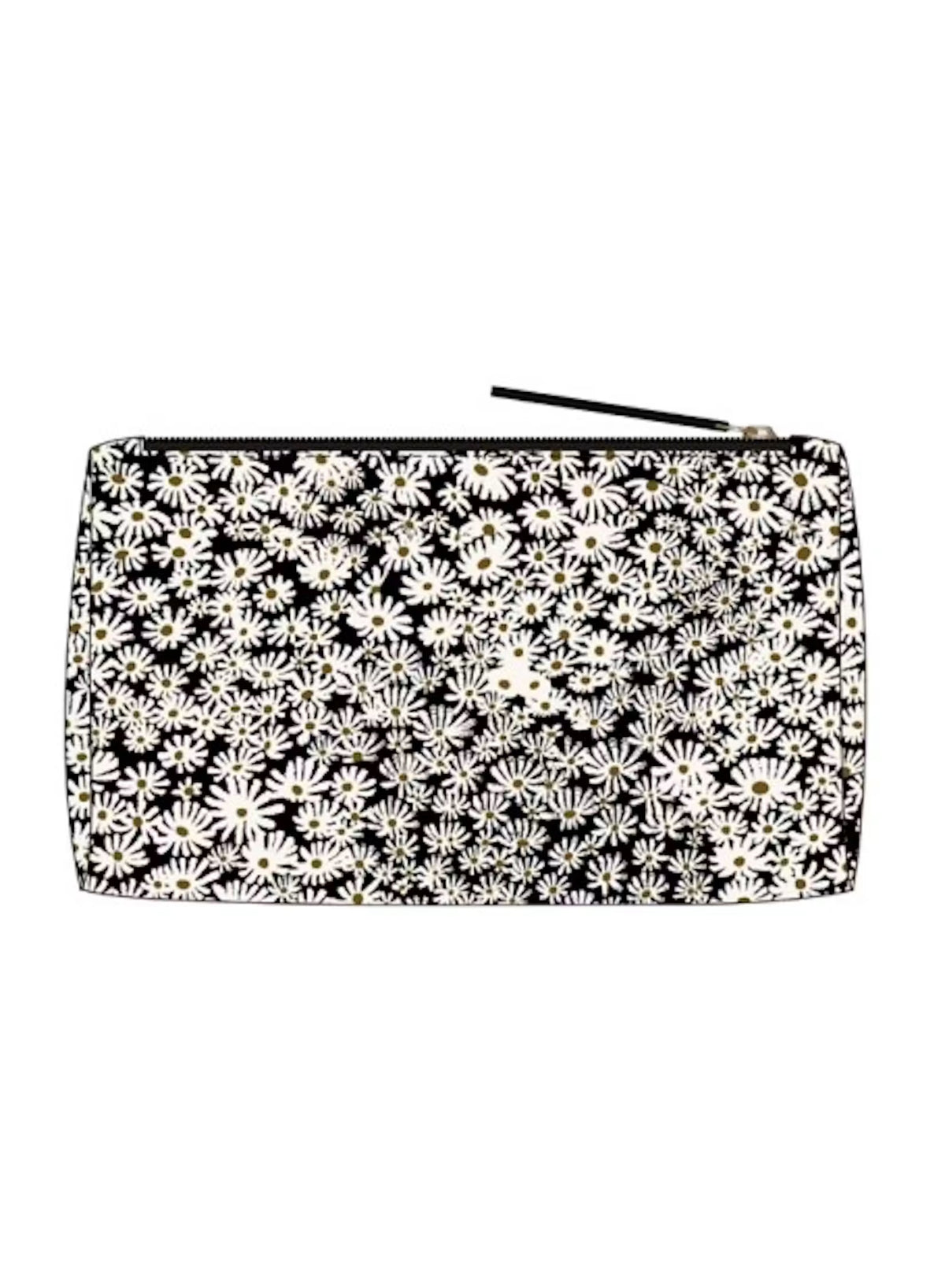 The INOUI EDITIONS - PAMPAS COSMETIC POUCH by INOUI is a rectangular zipper pouch expertly crafted from durable nylon cosmetic pouch material. It showcases a bold pattern of two cheetahs surrounded by dense white daisy-like flowers set against a black background. Made in India, this stylish pouch blends practicality with distinctive design.