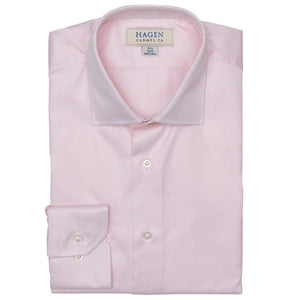 The HAGEN - COTTON DRESS SHIRT IN LIGHT PINK features premium cotton, a modern spread collar with a "Hagen" label, white buttons, and a classic single cuff.