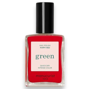 Twelve lipstick shades are presented with their names and color descriptions, spanning coral and brick reds to raspberries, cherries, and browns—each set against a backdrop of glossy swatches. These striking tones pair perfectly with the MANUCURIST - GREEN™ NAIL POLISH IN POPPY RED by MANUCURIST INC, a vibrant red nail polish crafted from bio-sourced ingredients for a coordinated and polished finish.