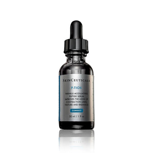 A close-up of a woman's face highlights common wrinkle areas that can benefit from SKIN CEUTICALS SKINCEUTICALS - P-TIOX, a peptide-powered anti-wrinkle serum designed for effective wrinkle correction.