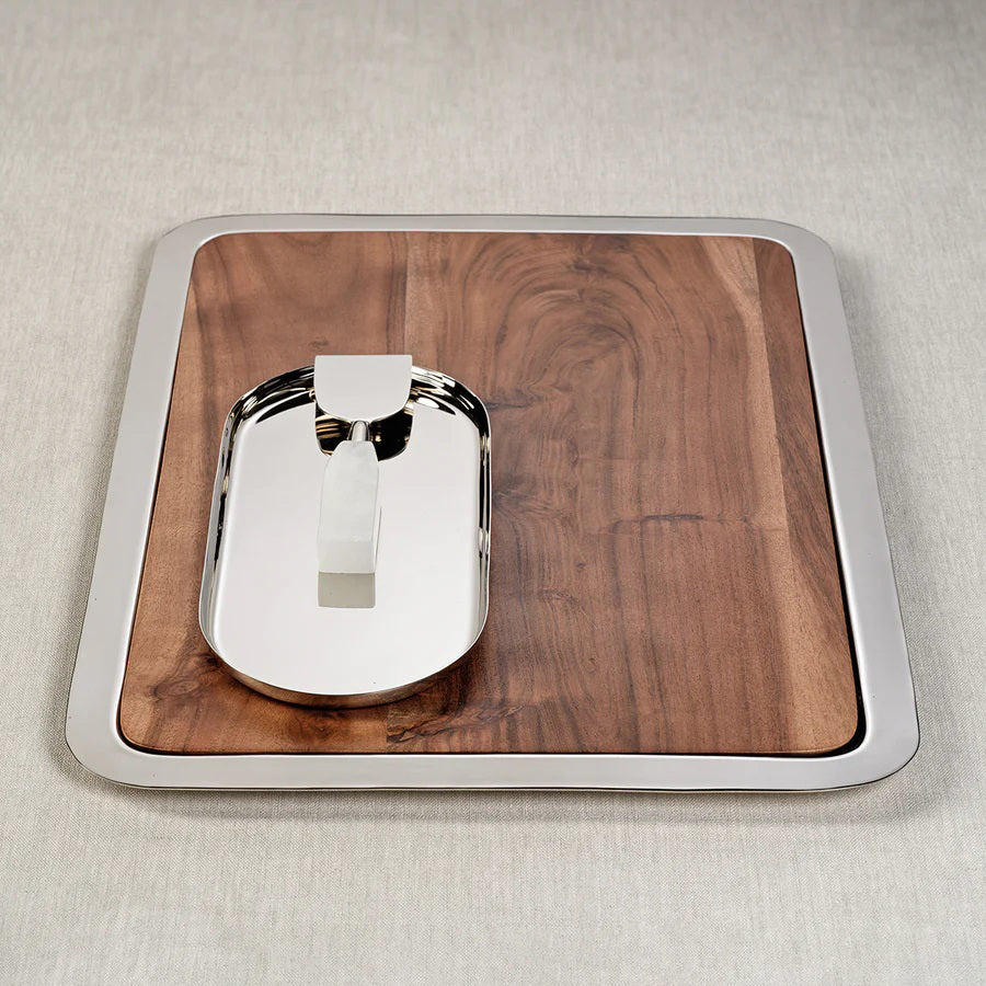 The ZODAX BRASSERIE STEEL &amp; ACACIA FUSION BOARD features a square acacia wood tray with a metal border and an oval silver dish with a modern handle, making it the ideal large serving tray for any occasion.