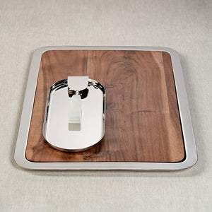 The ZODAX BRASSERIE STEEL & ACACIA FUSION BOARD features a square acacia wood tray with a metal border and an oval silver dish with a modern handle, making it the ideal large serving tray for any occasion.
