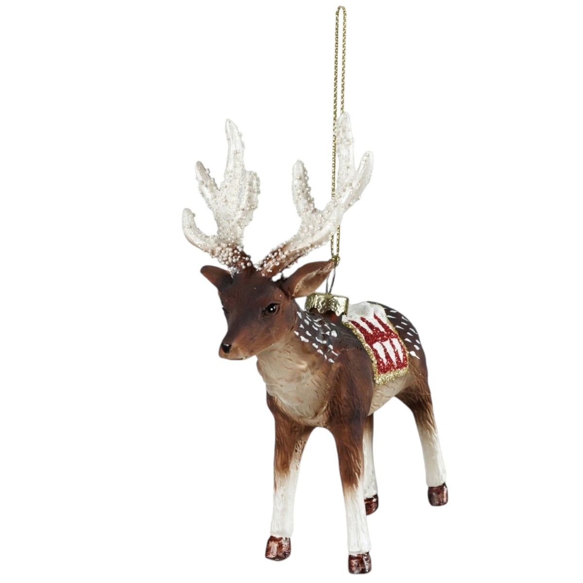 DEER ORNAMENT WITH GLITTER standing deer Christmas ornament with white glitter-covered antlers and a red and gold patterned saddle.