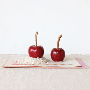 Add a charming touch to your kitchen with CREATIVE COOP’s STONEWARE CHERRY SHAPED SALT AND PEPPER SHAKERS—dark red ceramic cherries with brown stems, perfect for vintage decor.