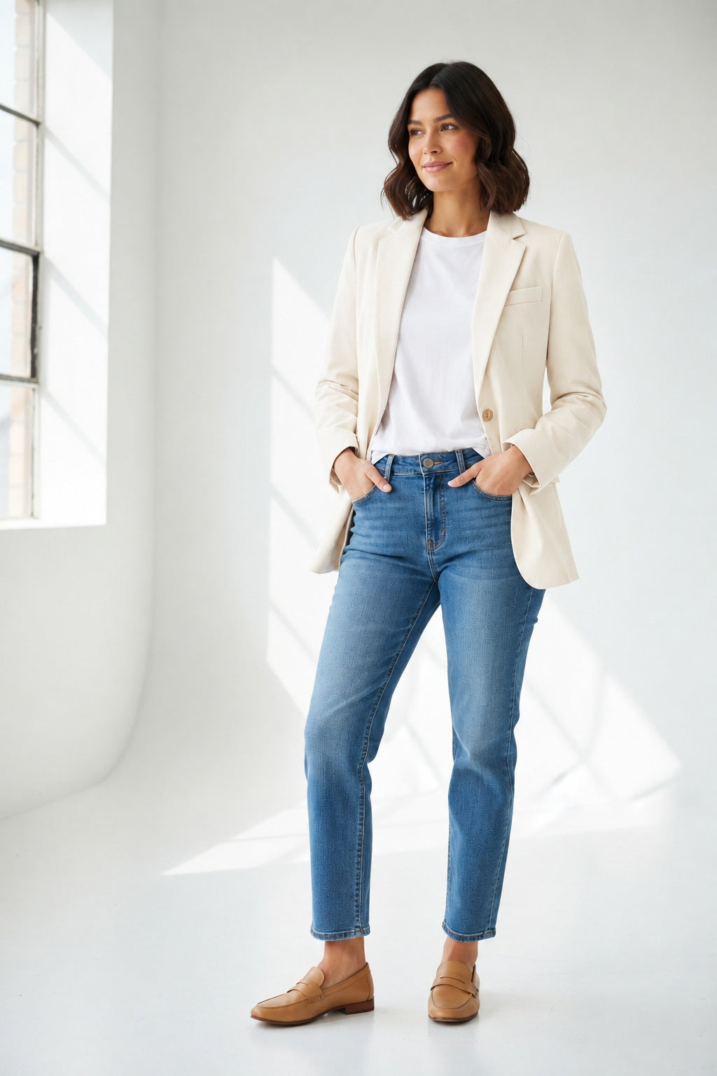 Presenting the SEVENTY - LIGHTWEIGHT VELVET BLAZER by SEVENTY: a cream-colored women's blazer with a tailored fit, meticulously crafted in Italy. This refined piece boasts a notched lapel, two front flap pockets, a chest pocket, and two brown buttons for closure. Its lightweight velvet lining adds smoothness and a hint of shine inside.