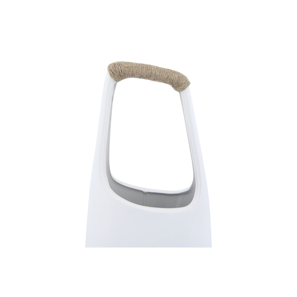 The CREATIVE COOP STONEWARE VASE WITH RATTAN WRAPPED HANDLE in white features a tall, minimalist design with a narrow neck and a rattan-wrapped handle, making it a striking decorative accent for any space.