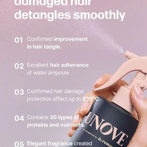 The "UNOVE - NO WASH WATER AMPOULE HAIR TREATMENT" by EXOD INTERNATIONAL, in a dark blue bottle with a pink nozzle, provides instant hydration and shine for your hair with no rinsing required.