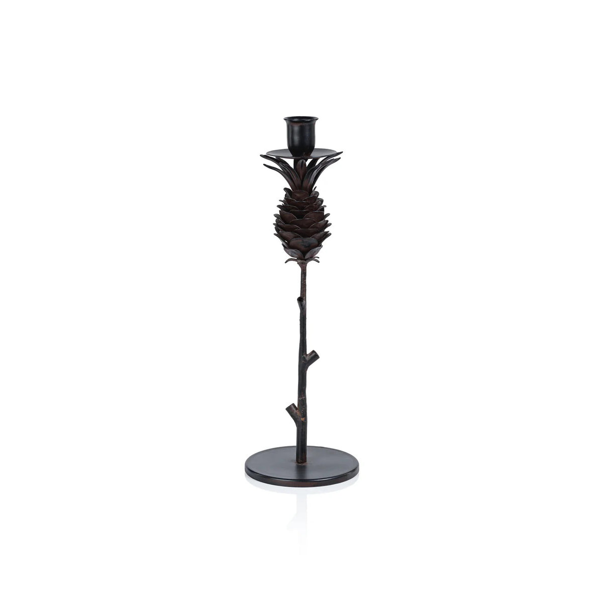 The ZODAX PINECONE WROUGHT IRON CANDLEHOLDER - MEDIUM features a black iron pine cone design atop a slender branch on a round base, measuring 4.5&quot; x 13&quot;. Shown against a white background.