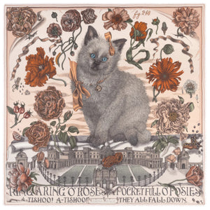 A woman in a beige dress is draped in the Sabina Savage "Ring a Ring o' Roses" silk twill scarf, featuring intricate English garden flower patterns on a marshmallow/ballet background, adding elegance to her ensemble.