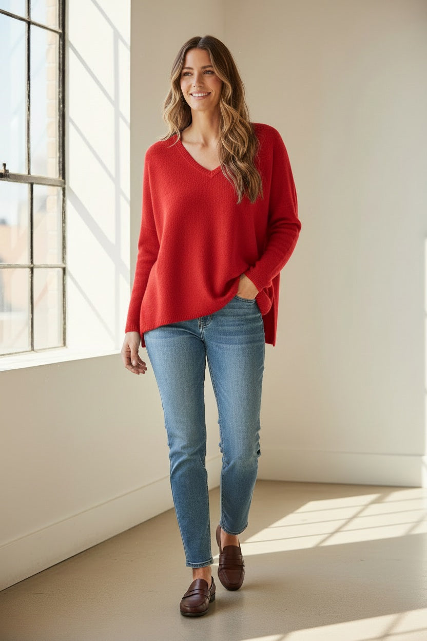 Close-up of a warm, rusty orange knitted fabric showcasing the even stockinette stitch texture of the BASE MILANO - BOXY OVERSIZED V NECK SWEATER by BASE MILANO.
