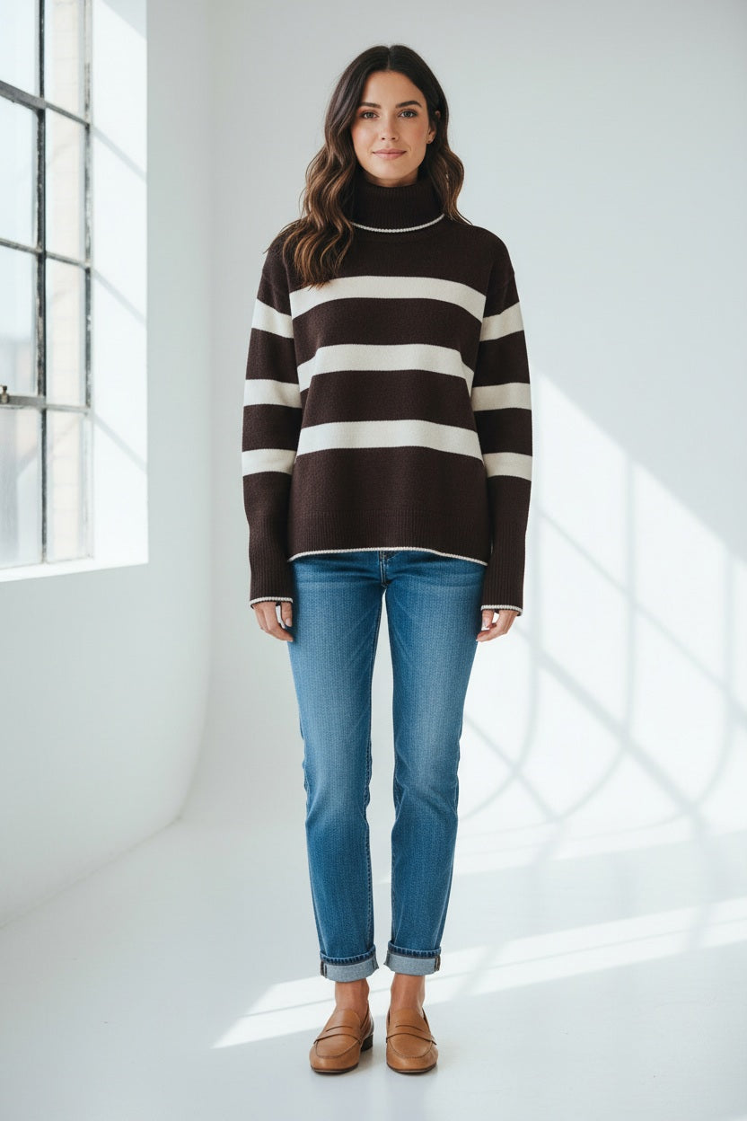 The SEVENTY VENEZIA - BOLD STRIPE TURTLENECK by SEVENTY features wide white stripes on black, long sleeves, and a relaxed fit. This stylish Italian-made sweater is shown on a plain light background.