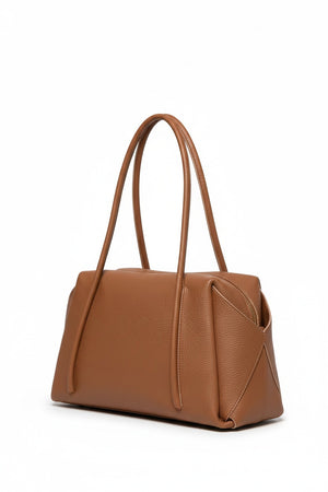 OLIVEVE Solara Satchel in caramel Italian buffalo cowhide leather with long shoulder straps and a top zipper closure.