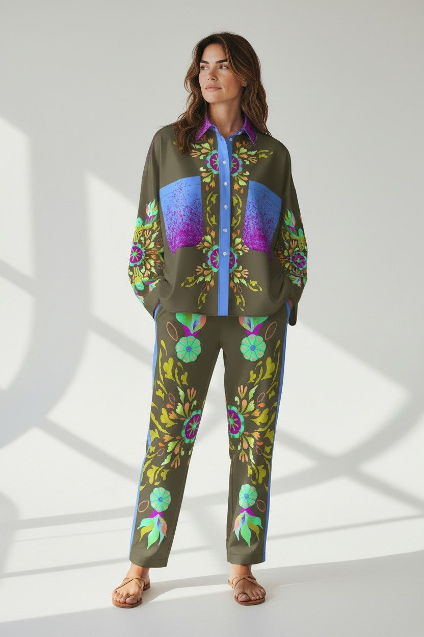 A person in FRANCO FERRARI SILK PRINT TROUSER—Italian-made, olive green with colorful florals and blue side stripes—matched with a coordinated top and tan sandals, stands against a bright background with soft shadows.