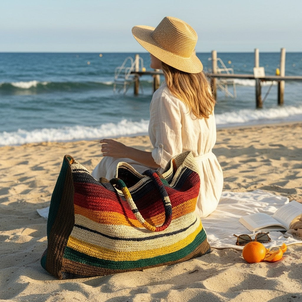The GABRIELE FRANTZEN Raffia Weekender Bag Horizon is a rectangular, hand-crocheted bag with two handles and horizontal red, navy, cream, yellow, and green stripes on a white background.