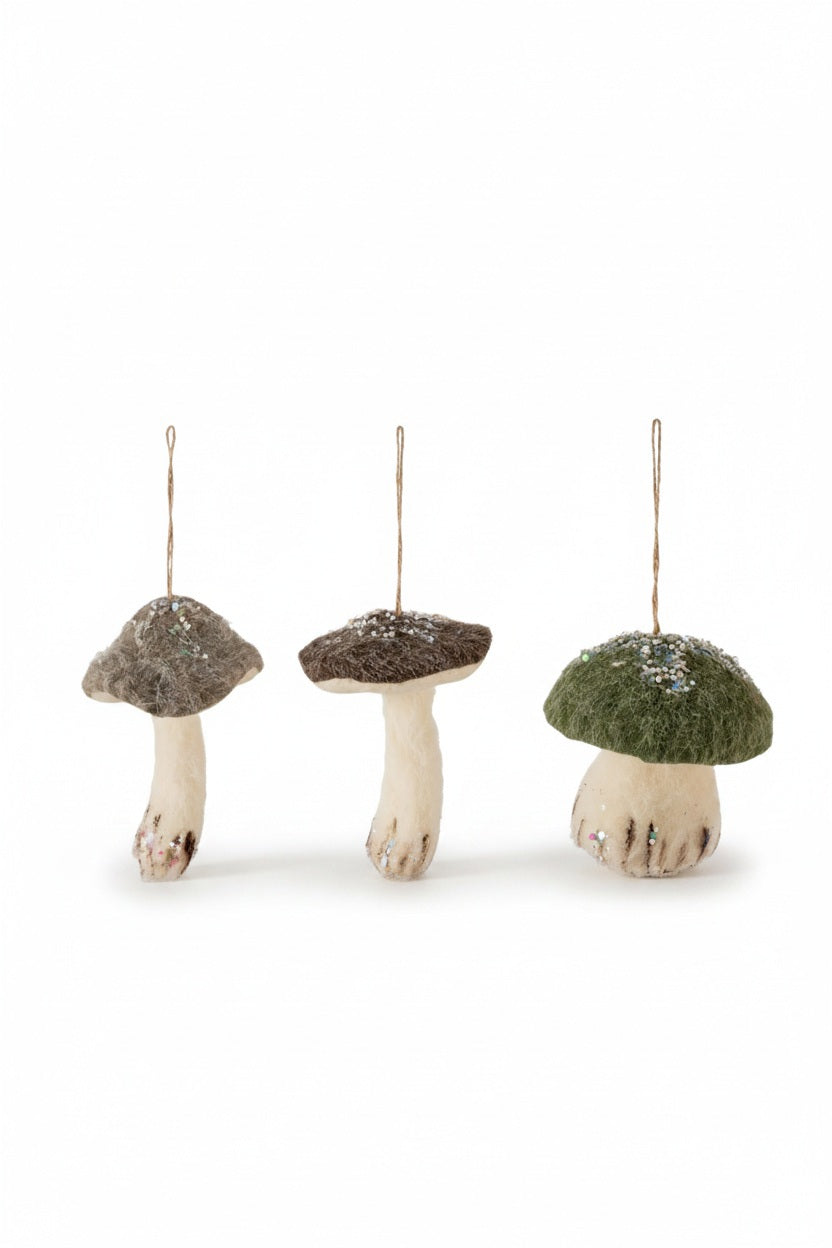 Three CREATIVE COOP FELT MUSHROOM ORNAMENT decorations with beaded caps and stems for woodland decor.
