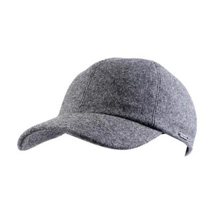 The WIGENS - CLASSIC WOOL BASEBALL CAP by WIGENS is a navy blue winter cap with quilted polyester lining and fold-down earflaps, designed to keep your ears warm and protected in cold weather.