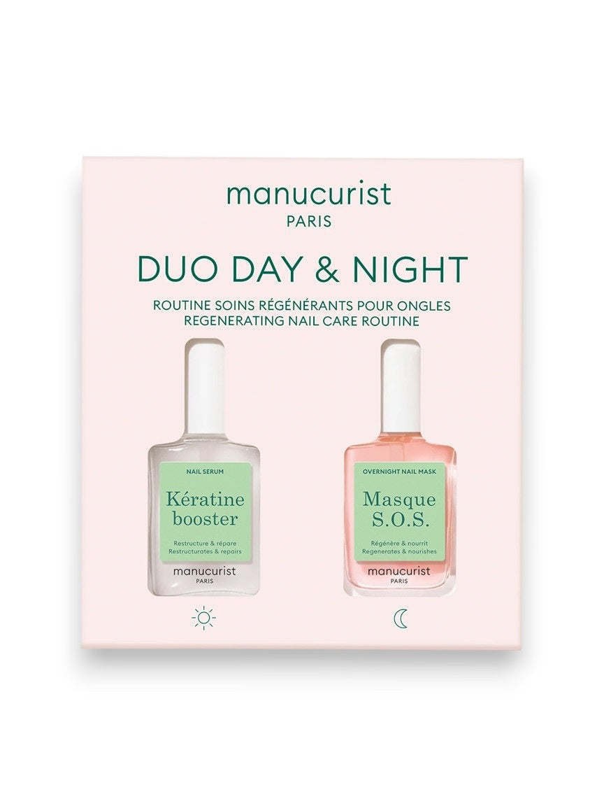 Two MANICURIST - DAY AND NIGHT DUO bottles by MANUCURIST INC shown with text: "85% said their nails were harder*, 80% noticed more hydration**," based on clinical and consumer tests over two weeks.